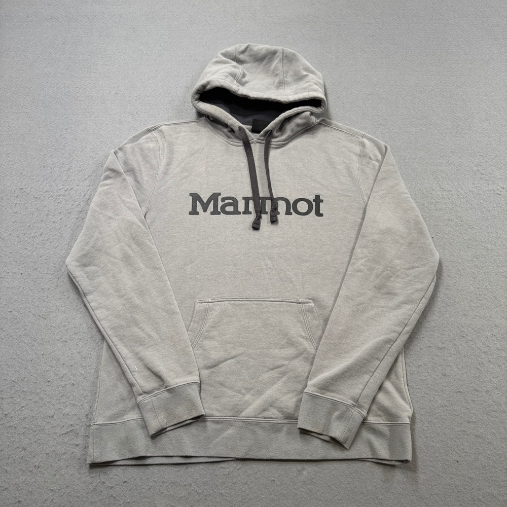 Marmot Hoodie Men's Large Gray Spell Out Logo Fleece Lined Pullover Streetwear